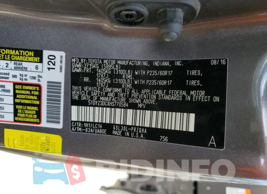 5TDYZ3DCXHS770584 Photo# 13
