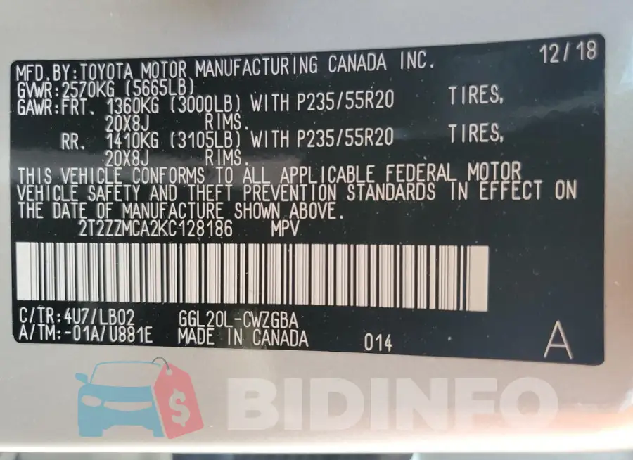 2T2ZZMCA2KC128186 Photo# 14