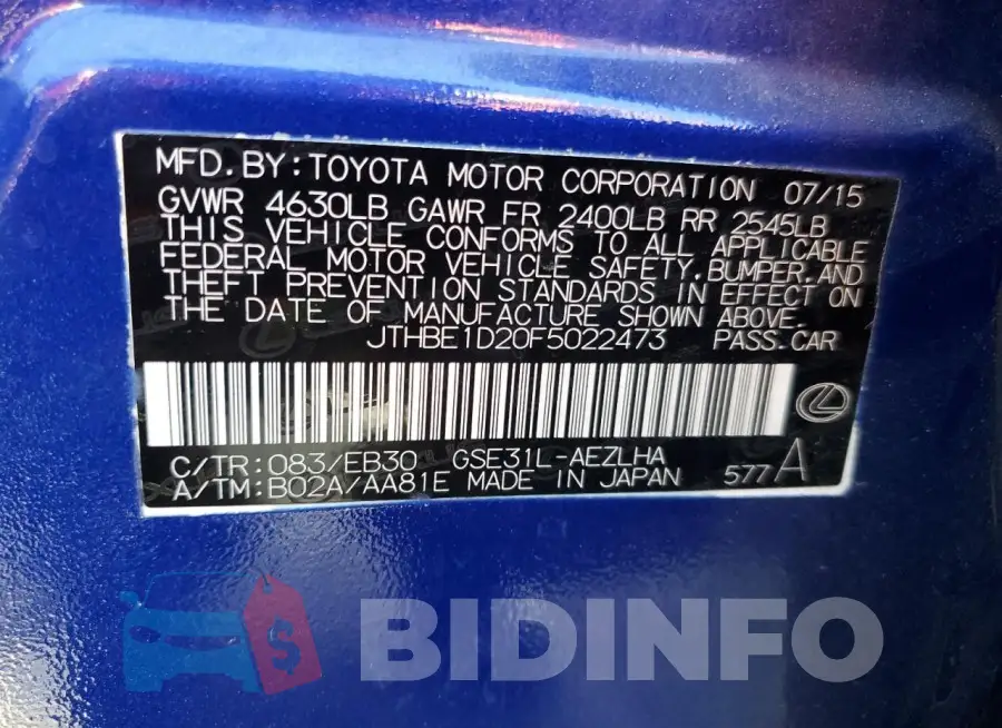 JTHBE1D20F5022473 Photo# 12