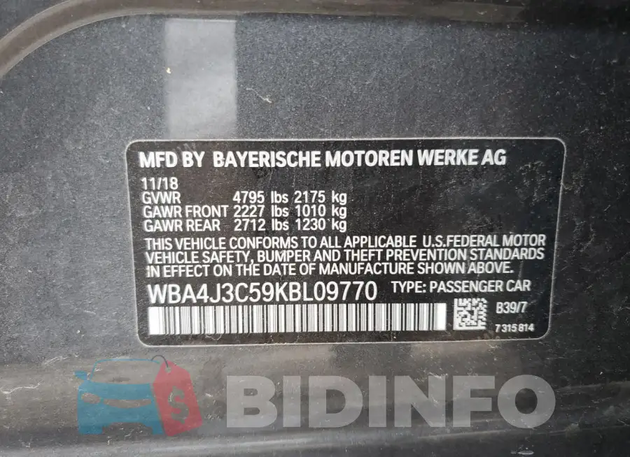 WBA4J3C59KBL09770 Photo# 12
