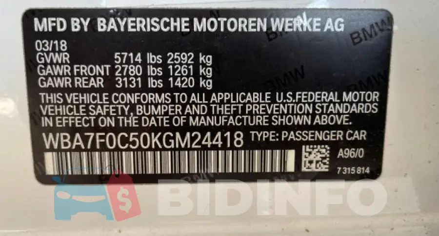WBA7F0C50KGM24418 Photo# 10