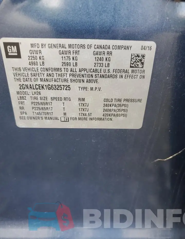 2GNALCEK1G6325725 Photo# 13