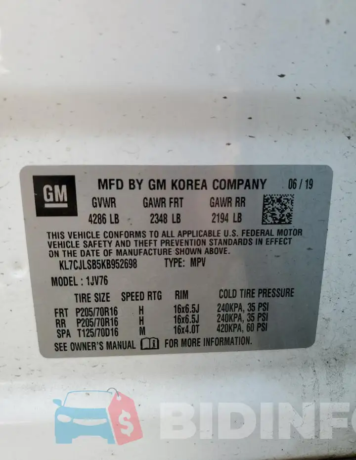 KL7CJLSB5KB952698 Photo# 14