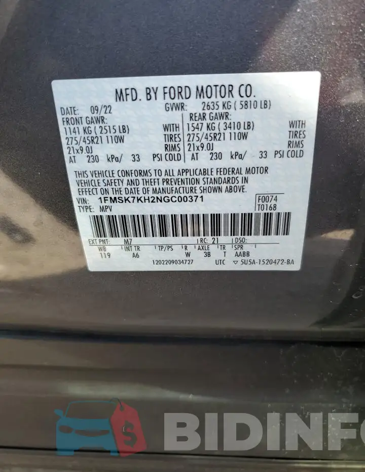 1FMSK7KH2NGC00371 Photo# 14