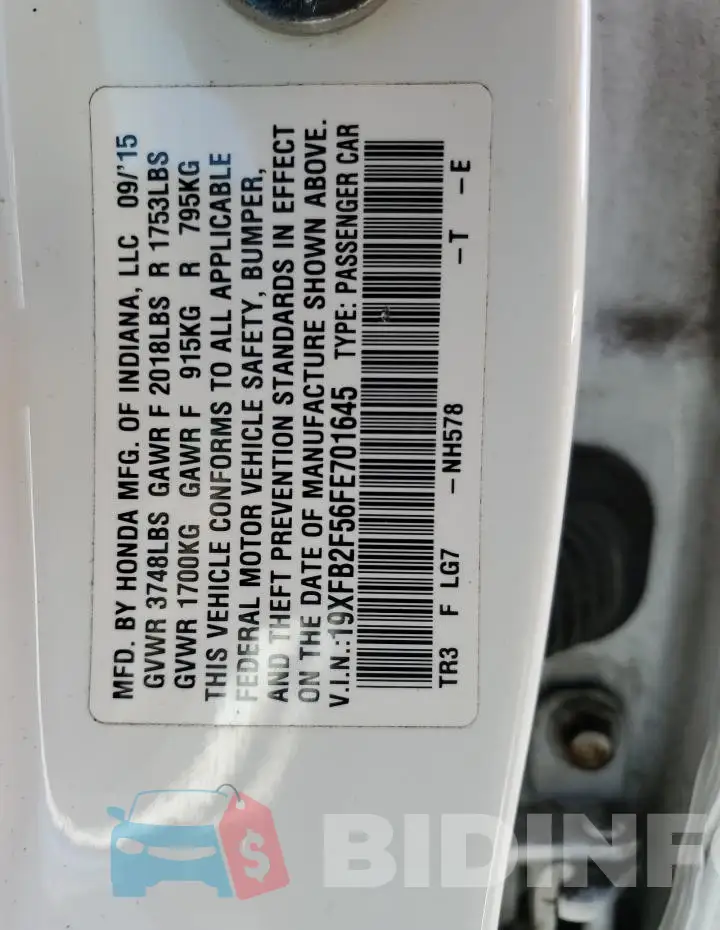 19XFB2F56FE701645 Photo# 12