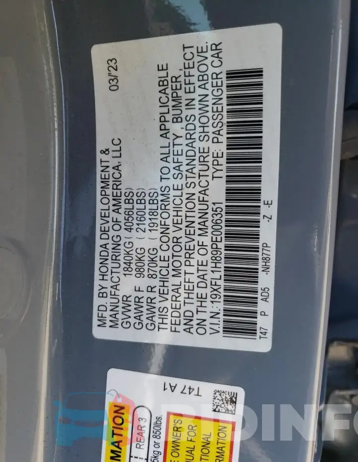 19XFL1H89PE006351 Photo# 12