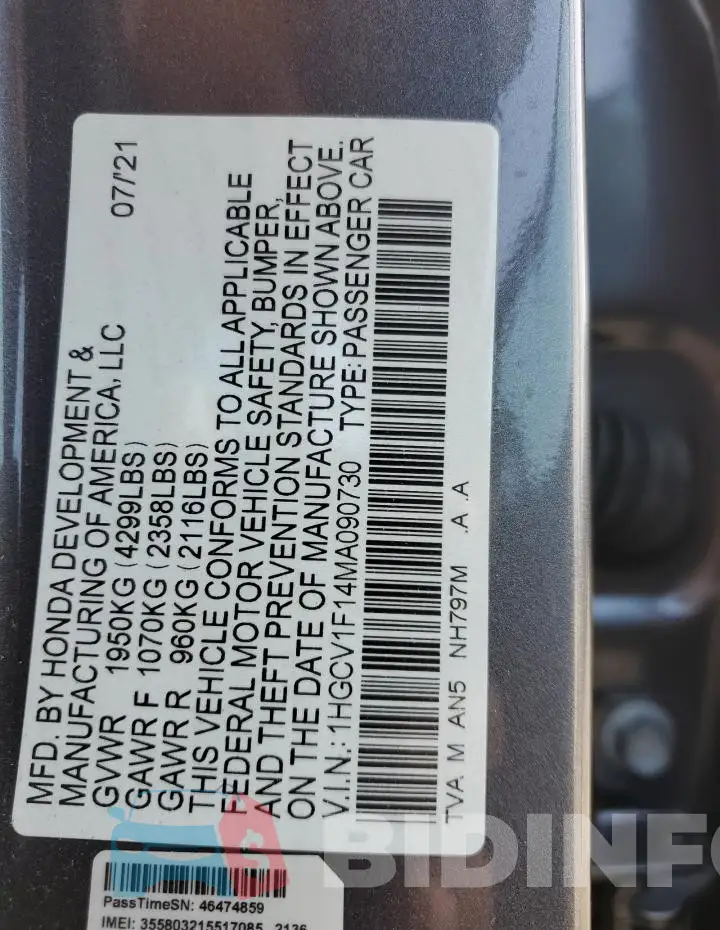 1HGCV1F14MA090730 Photo# 12