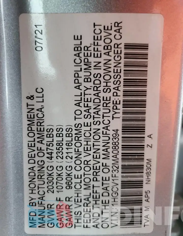 1HGCV1F32MA088394 Photo# 12