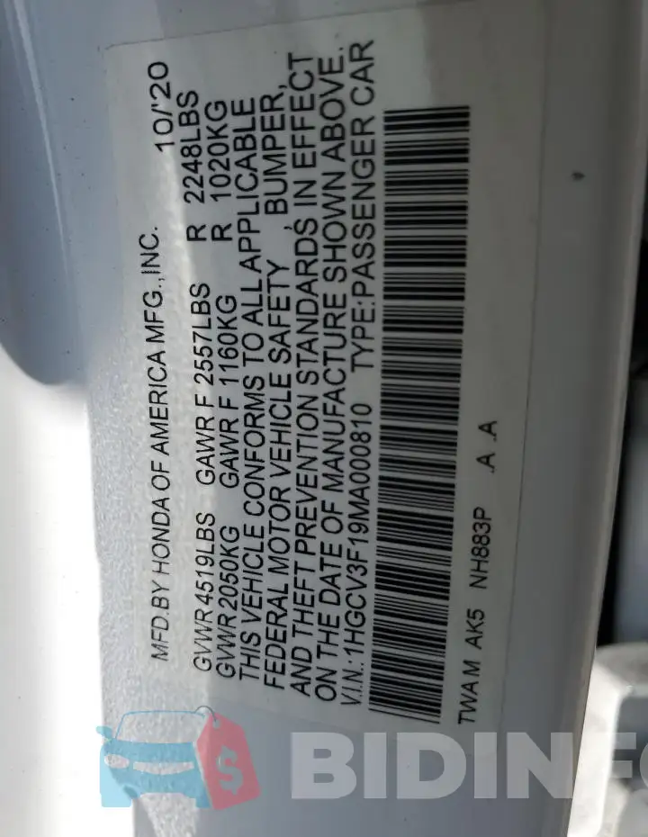 1HGCV3F19MA000810 Photo# 12