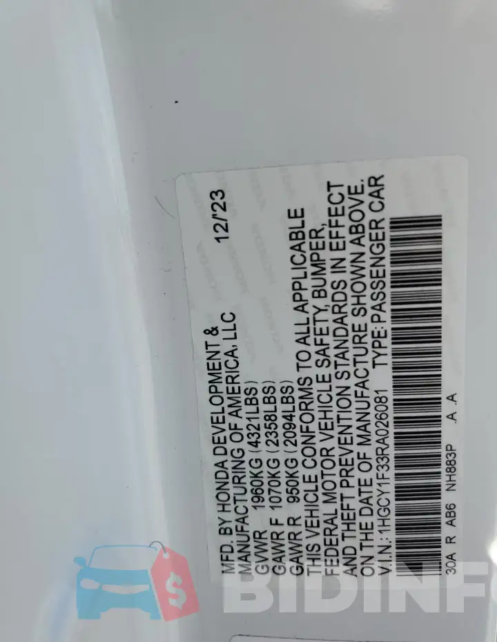 1HGCY1F33RA026081 Photo# 12