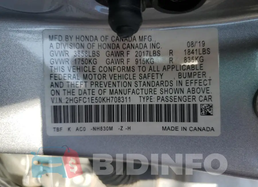 2HGFC1E50KH708311 Photo# 12