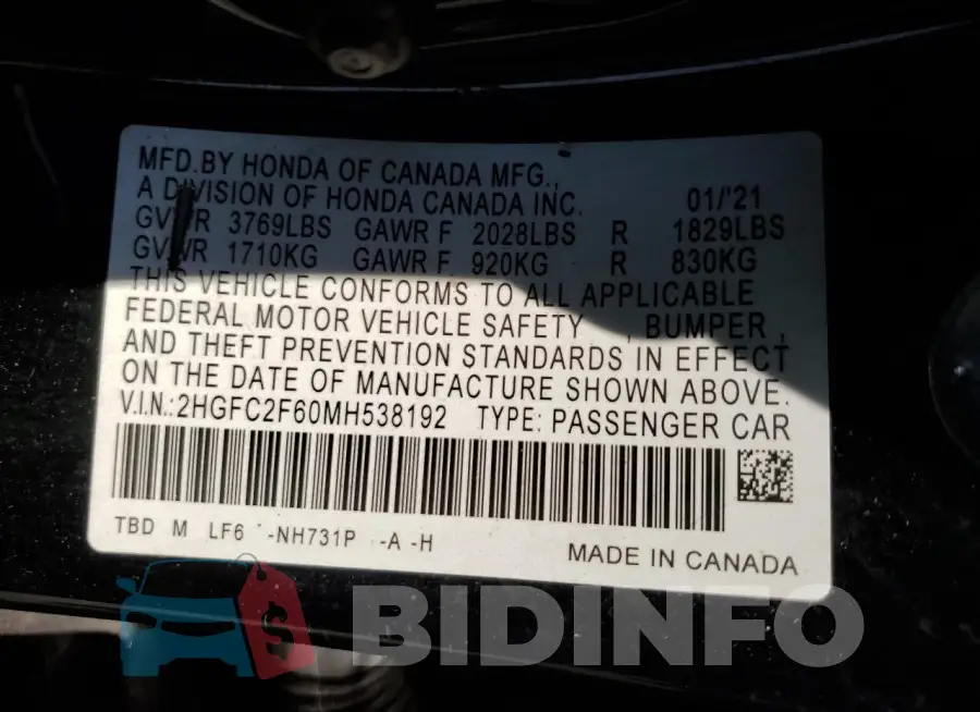 2HGFC2F60MH538192 Photo# 13