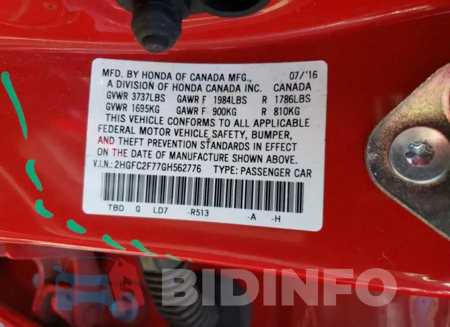 2HGFC2F77GH562776 Photo# 12