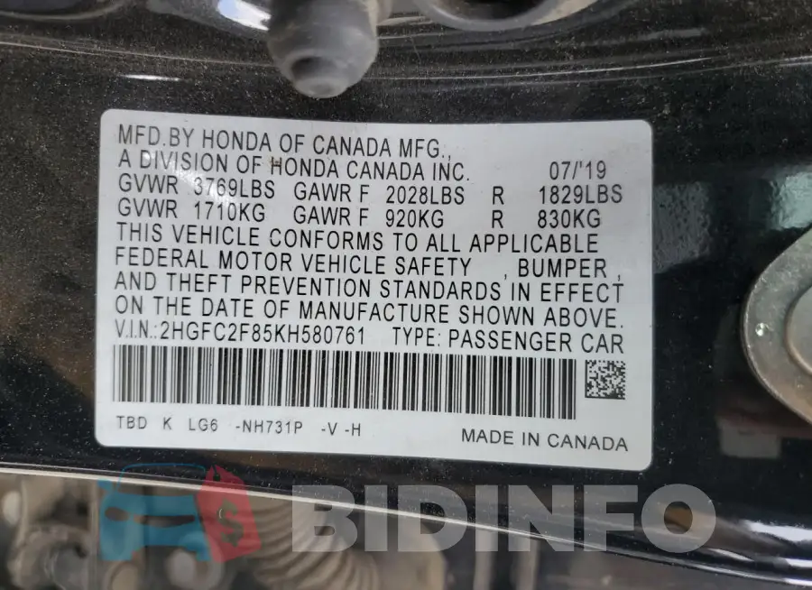 2HGFC2F85KH580761 Photo# 12