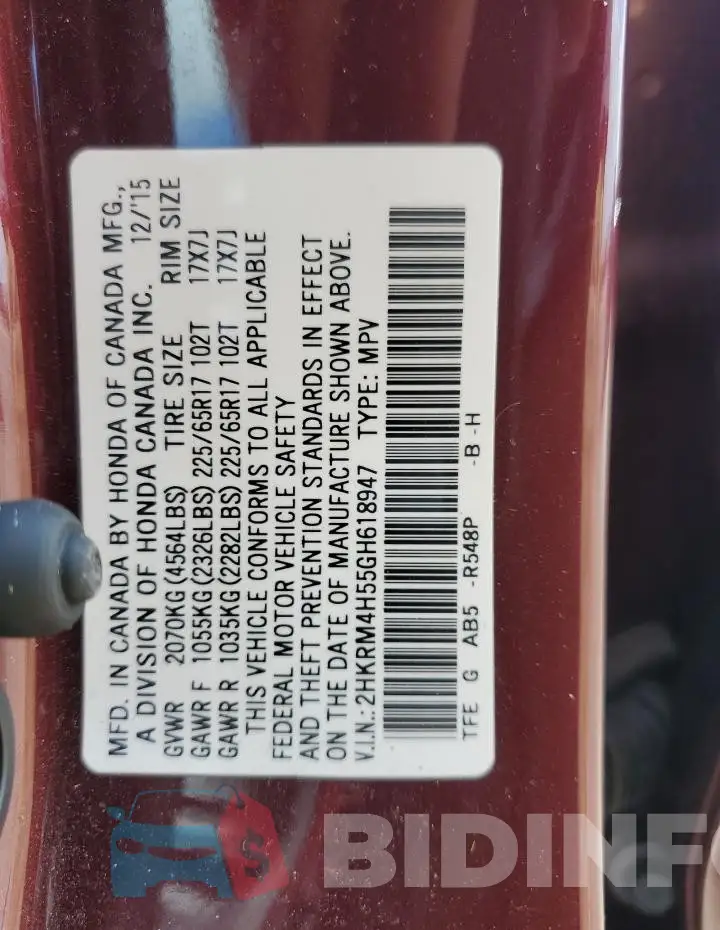 2HKRM4H55GH618947 Photo# 13