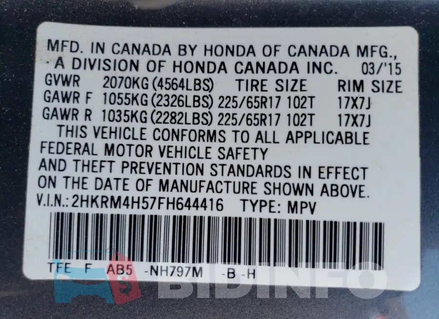 2HKRM4H57FH644416 Photo# 13