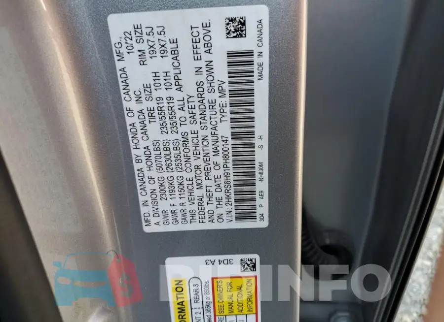 2HKRS6H91PH800147 Photo# 14