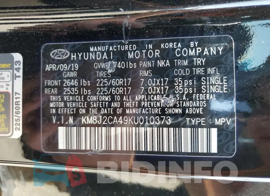 KM8J2CA49KU010373 Photo# 13