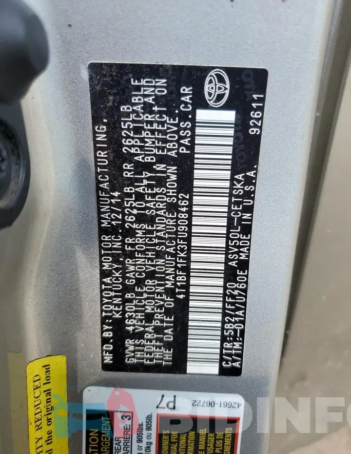 4T1BF1FK3FU908462 Photo# 12