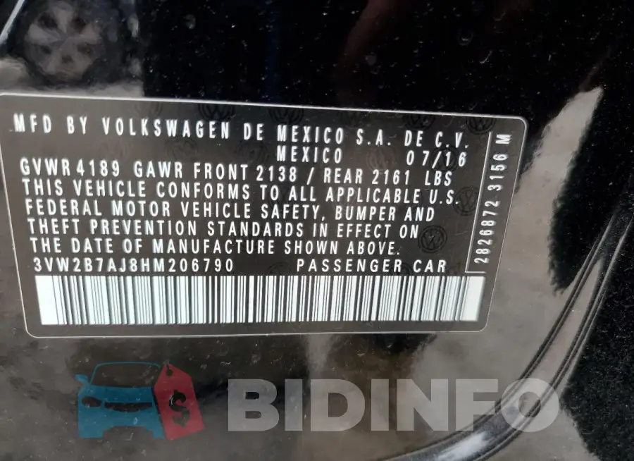3VW2B7AJ8HM206790 Photo# 12