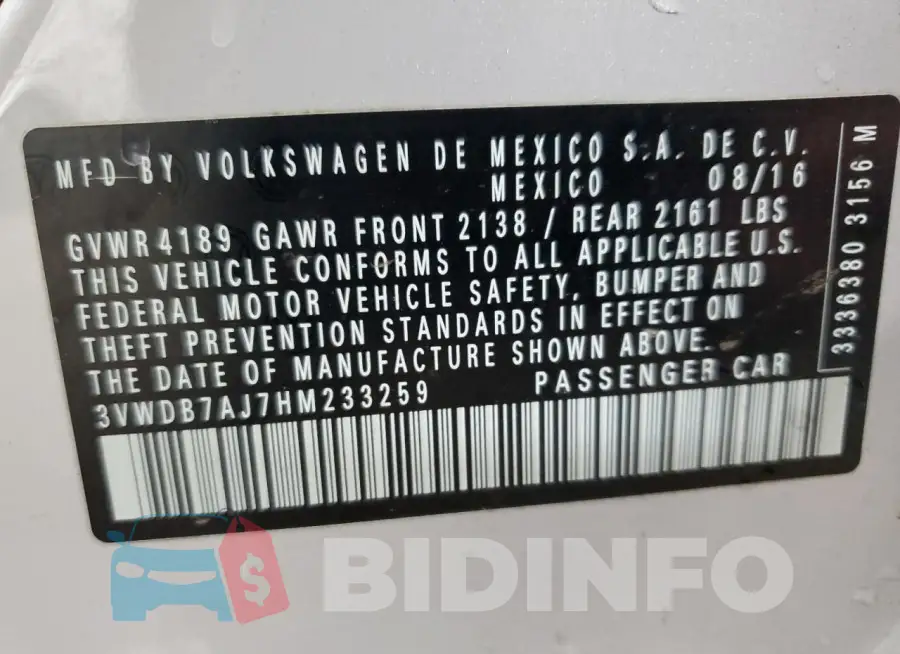 3VWDB7AJ7HM233259 Photo# 13