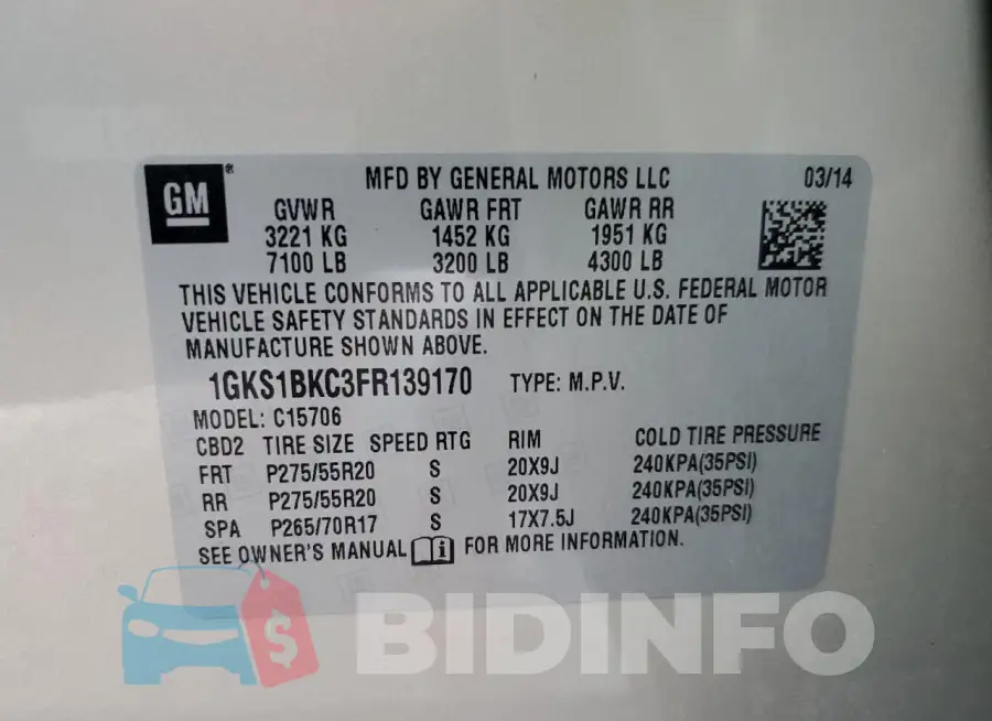 1GKS1BKC3FR139170 Photo# 12