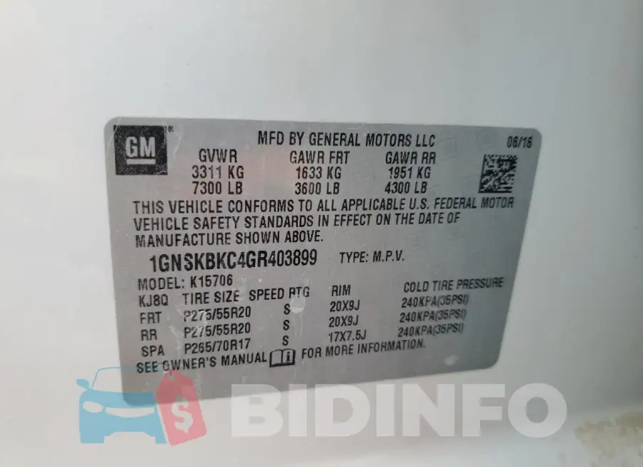 1GNSKBKC4GR403899 Photo# 13
