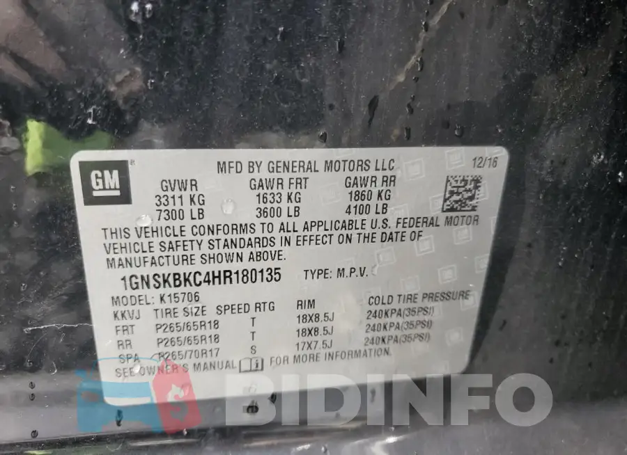 1GNSKBKC4HR180135 Photo# 13