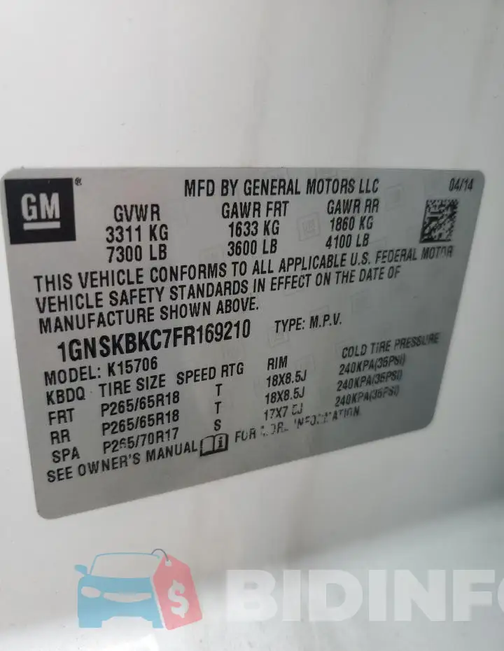 1GNSKBKC7FR169210 Photo# 13
