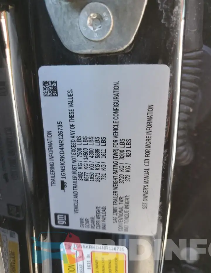 1GNSKRKD4NR126735 Photo# 13