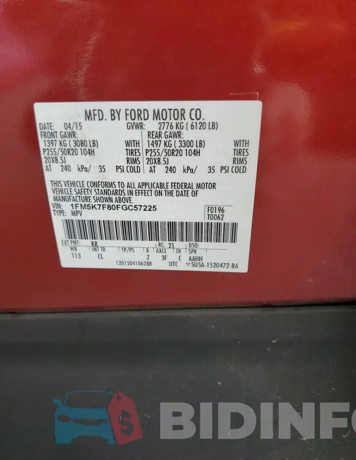 1FM5K7F80FGC57225 Photo# 13