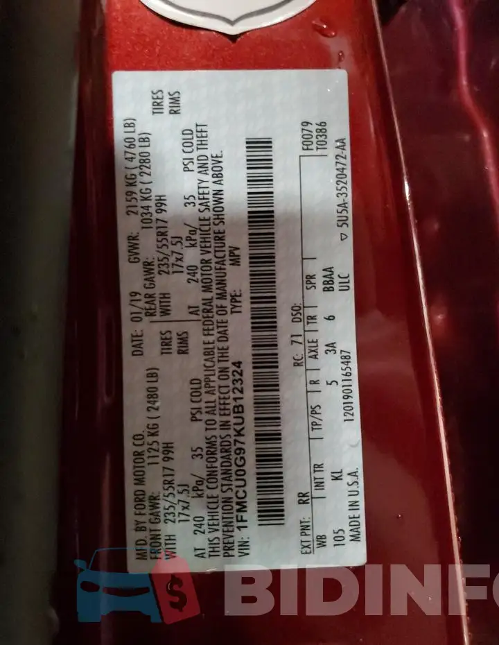 1FMCU0G97KUB12324 Photo# 14