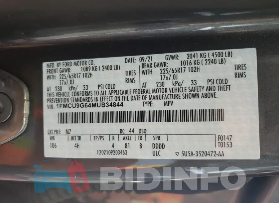 1FMCU9G64MUB34844 Photo# 14
