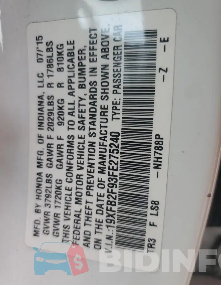 19XFB2F93FE275240 Photo# 12