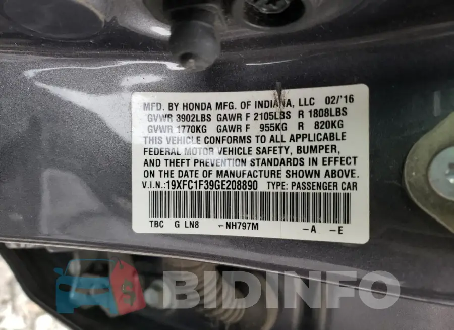 19XFC1F39GE208890 Photo# 13