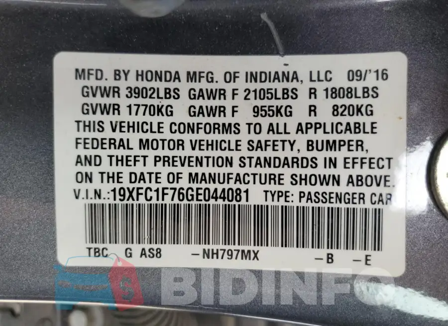 19XFC1F76GE044081 Photo# 12