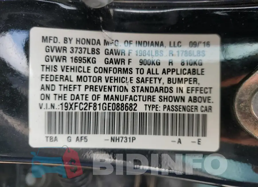 19XFC2F81GE088682 Photo# 12