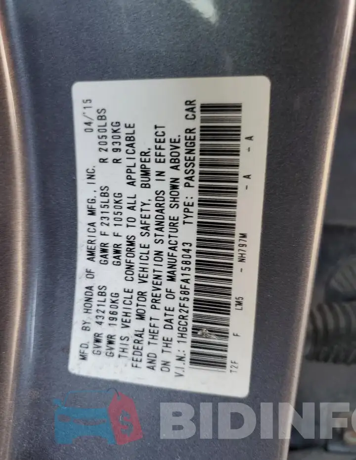 1HGCR2F58FA158043 Photo# 12