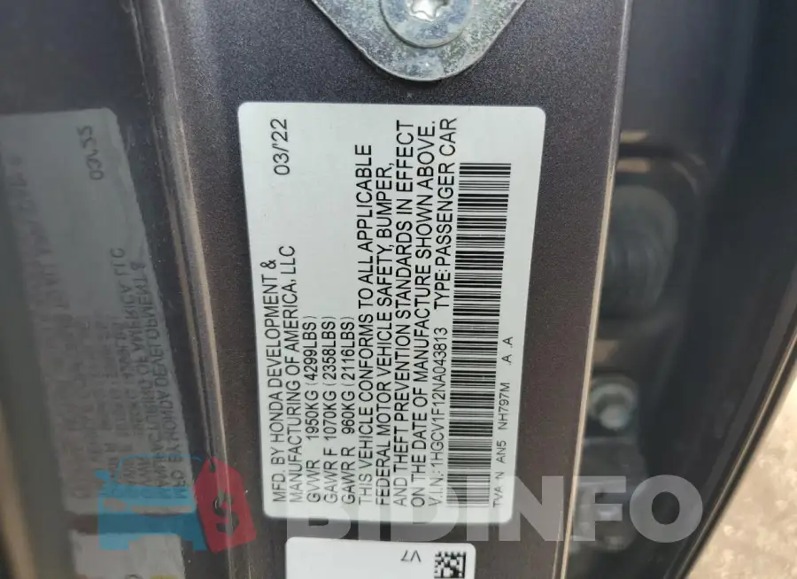 1HGCV1F12NA043813 Photo# 12