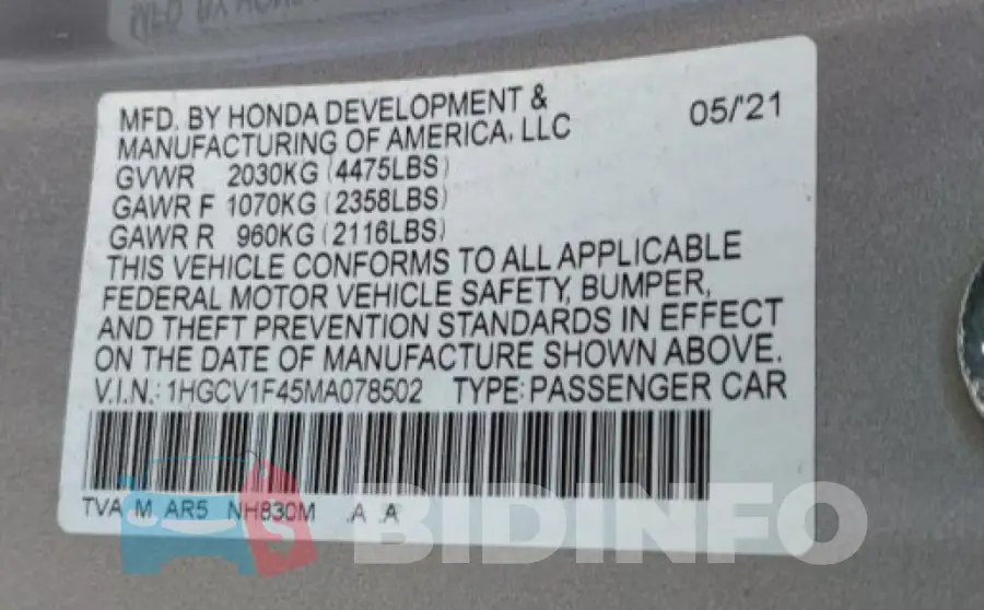 1HGCV1F45MA078502 Photo# 13