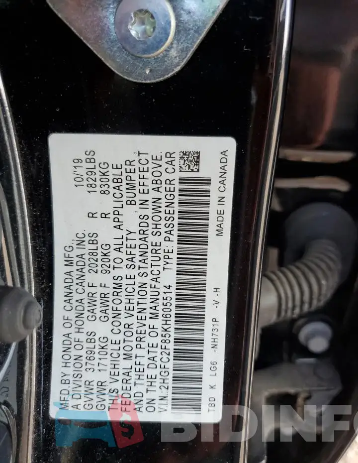 2HGFC2F85KH605514 Photo# 12