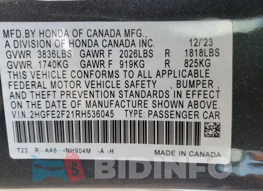 2HGFE2F21RH536045 Photo# 13