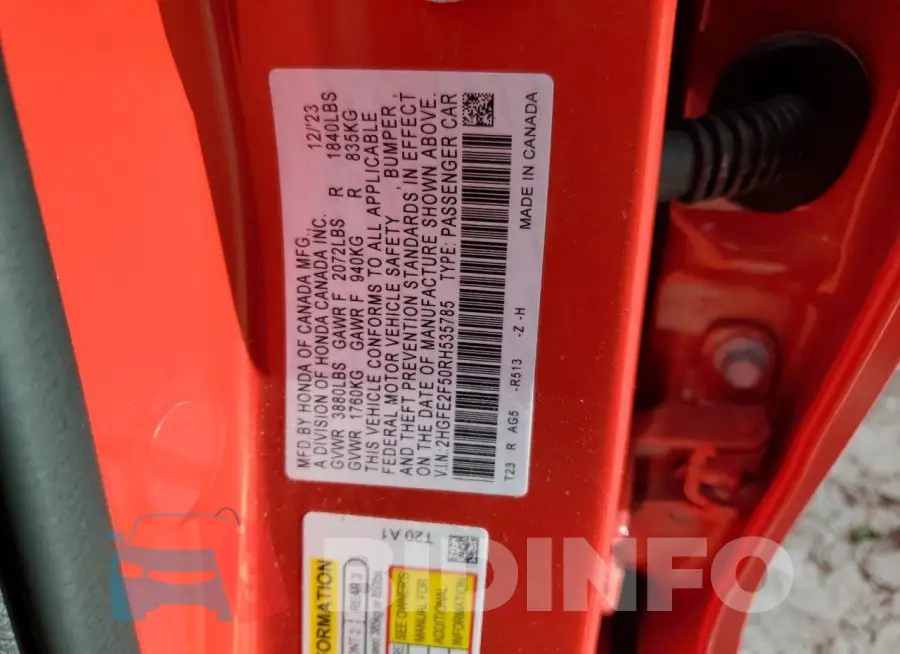 2HGFE2F50RH535785 Photo# 12