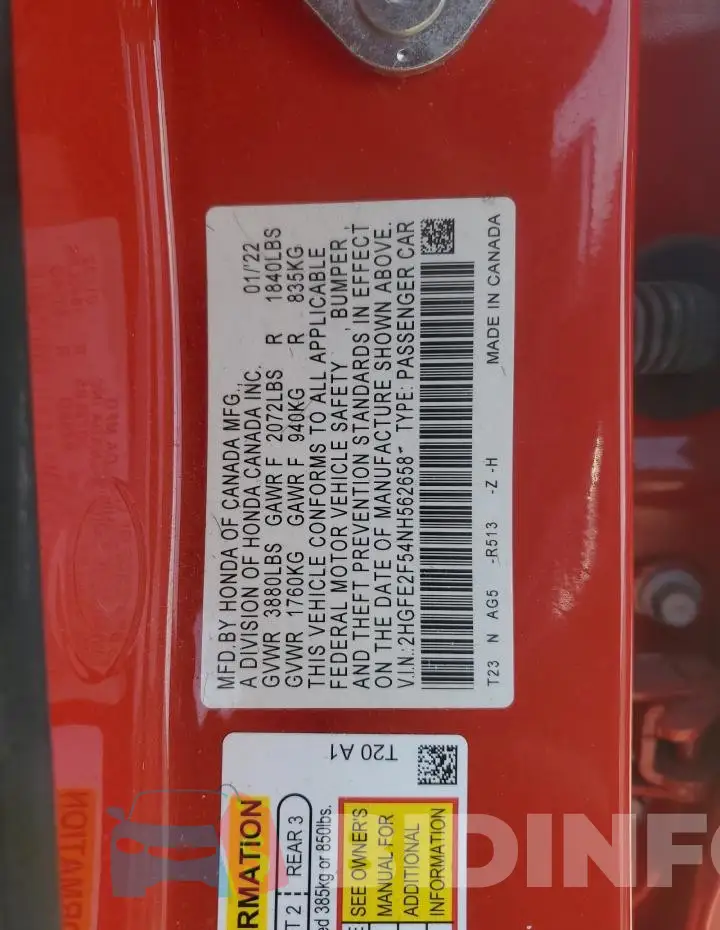 2HGFE2F54NH562658 Photo# 12