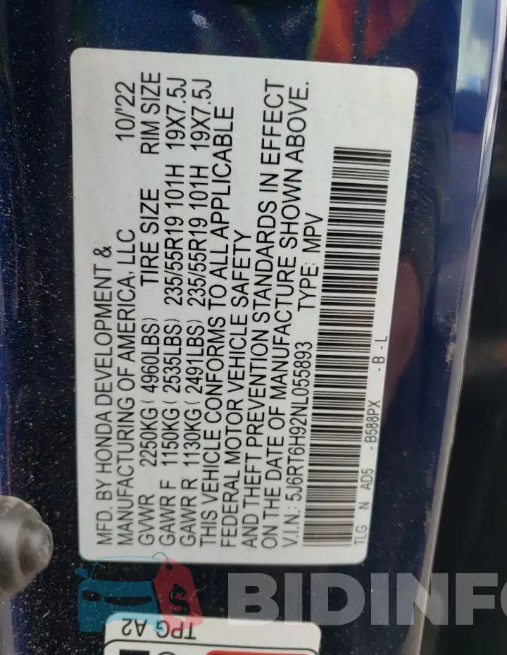 5J6RT6H92NL055893 Photo# 13