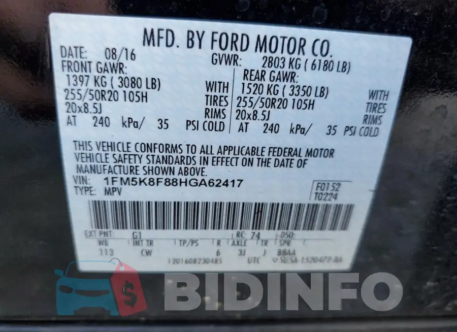 1FM5K8F88HGA62417 Photo# 13