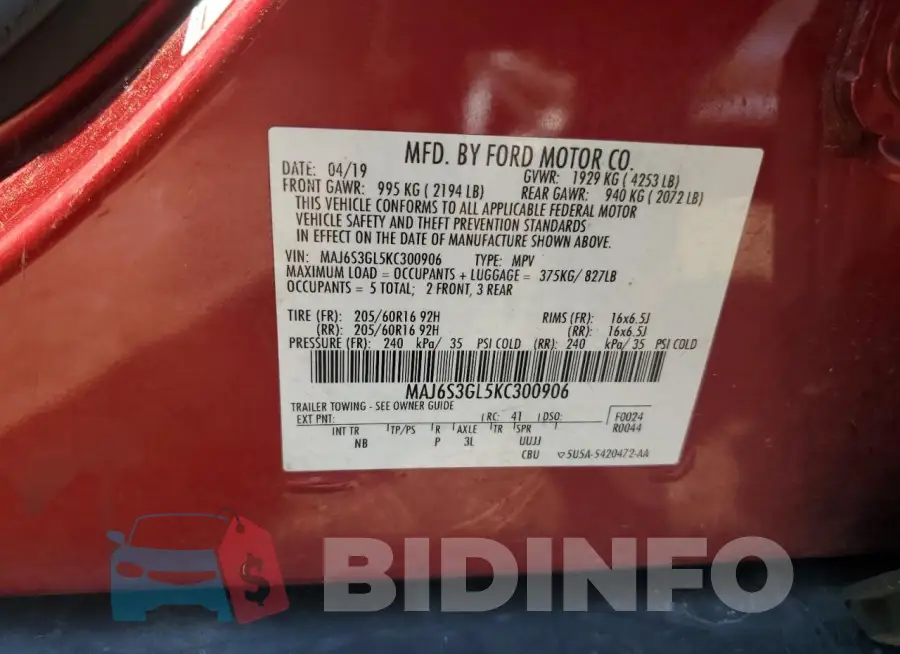 MAJ6S3GL5KC300906 Photo# 12
