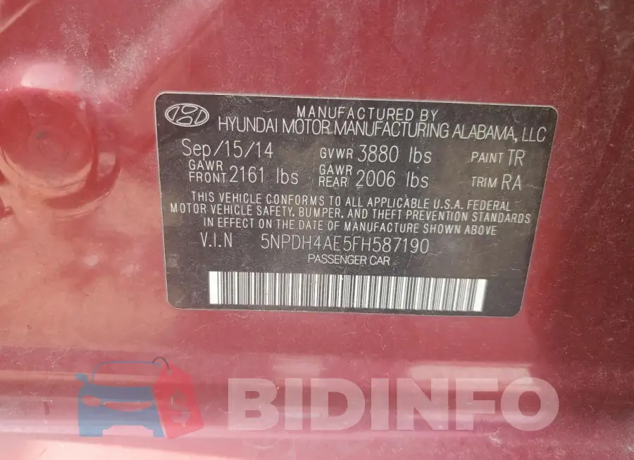 5NPDH4AE5FH587190 Photo# 12