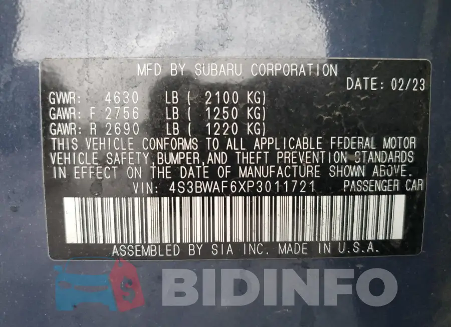 4S3BWAF6XP3011721 Photo# 12