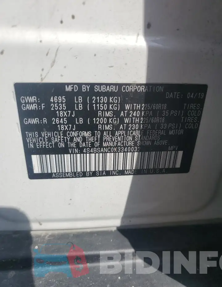 4S4BSANC0K3340032 Photo# 13